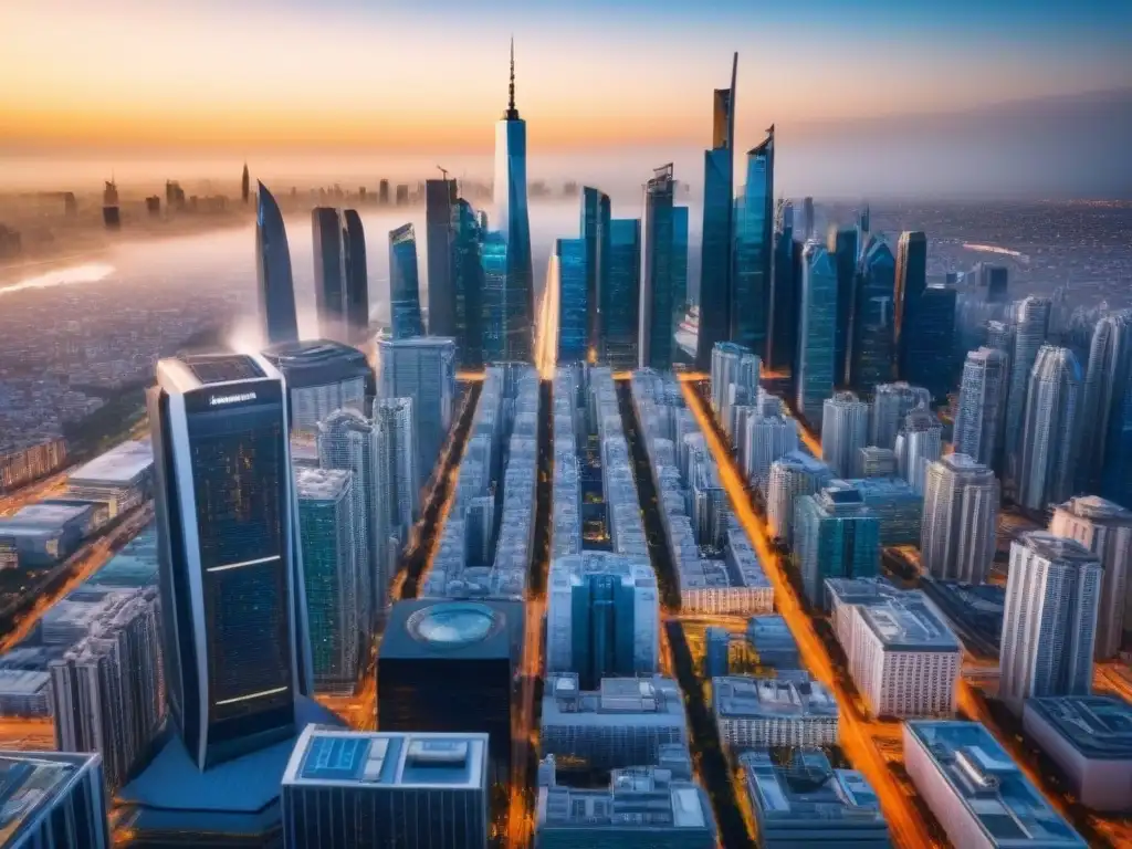 Metrópolis futurista: rascacielos, lujo y modernidad Una vista aérea impresionante de una ciudad futurista con rascacielos elegantes y calles llenas de coches de lujo, reflejando la luz del sol