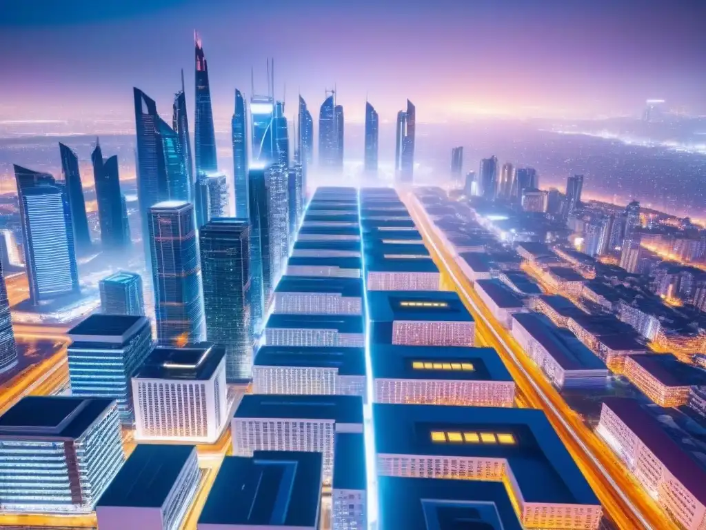 Metrópolis futurista: innovación en real estate Vista aérea impresionante de una ciudad futurista con rascacielos elegantes e innovadores diseños arquitectónicos