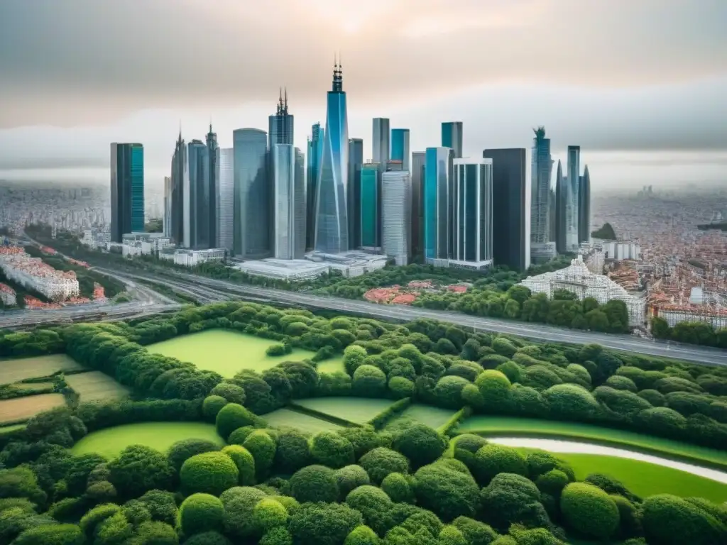 Metrópolis global: skyline vibrante y conectado Vista aérea impresionante de una ciudad global con rascacielos, residencias y áreas verdes, reflejando la inversión inmobiliaria global estrategias M&A