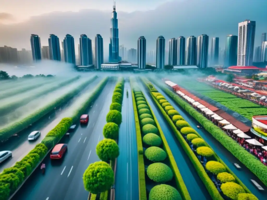 Espléndida ciudad emergente: modernidad y tradición en armonía Vista aérea impresionante de una ciudad en mercados emergentes, con rascacielos modernos y edificios tradicionales entre vegetación exuberante