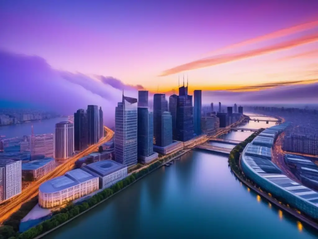 Horizonte urbano al atardecer: ciudad moderna en movimiento Vista aérea impresionante de una ciudad moderna al atardecer, con rascacielos relucientes y estrategias de salida inversiones inmobiliarias