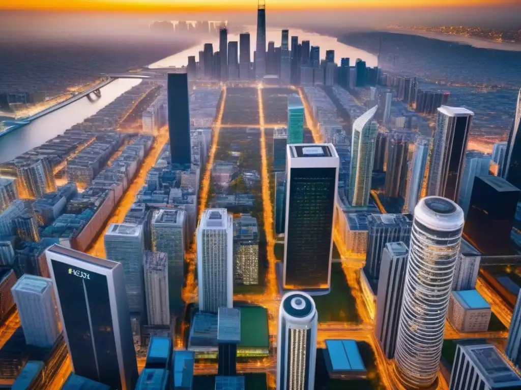 Metrópolis moderna: vibrante y multicultural Una vista aérea impresionante de una ciudad bulliciosa llena de rascacielos modernos y una población diversa disfrutando de diversas actividades