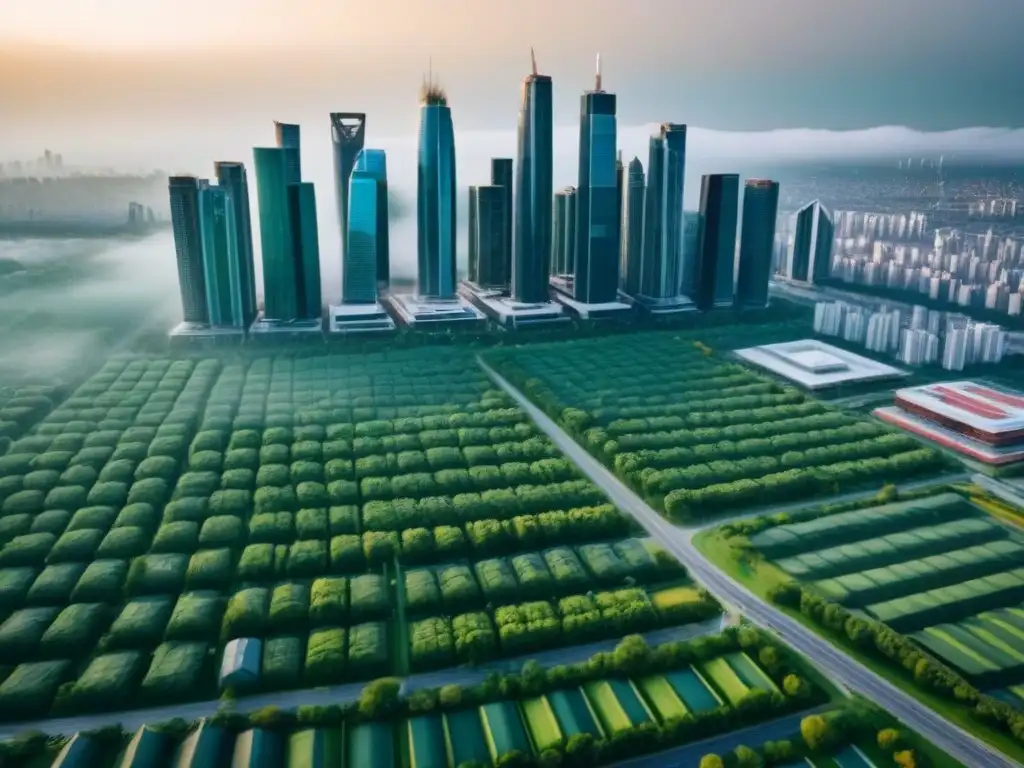 Skyline urbano: fusión de rascacielos y naturaleza Vista aérea impresionante de una ciudad bulliciosa con rascacielos y áreas verdes, simbolizando fusiones en mercado inmobiliario internacional
