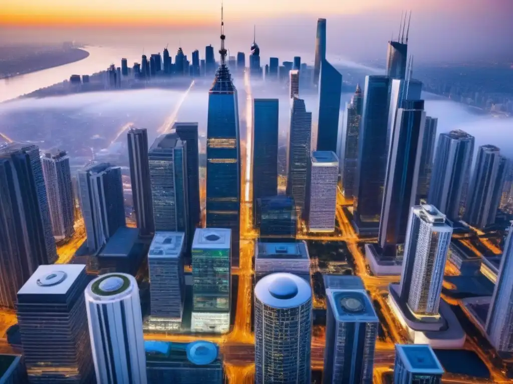 Metrópolis vibrante: inversión inmobiliaria global en acción Vista aérea impresionante de una ciudad bulliciosa con rascacielos imponentes, reflejando la energía y sofisticación del paisaje urbano