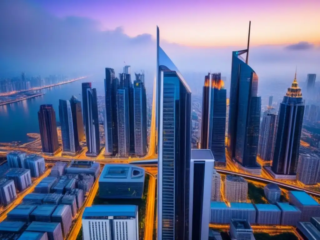 Metrópolis futurista: sinergia global en adquisiciones inmobiliarias Vista aérea impresionante de ciudad futurista con rascacielos interconectados por pasarelas de cristal, destacando sinergias postfusión bienes raíces internacionales