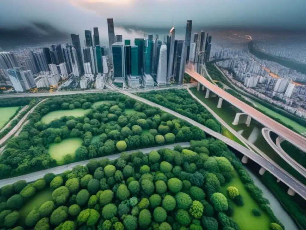 Metropolis vibrante: fusiones internacionales en bienes raíces Una vista aérea impresionante de una ciudad bulliciosa con rascacielos modernos, autopistas interconectadas y espacios verdes vibrantes, simbolizando la naturaleza dinámica e interconectada de las sinergias postfusión bienes raíces internacionales