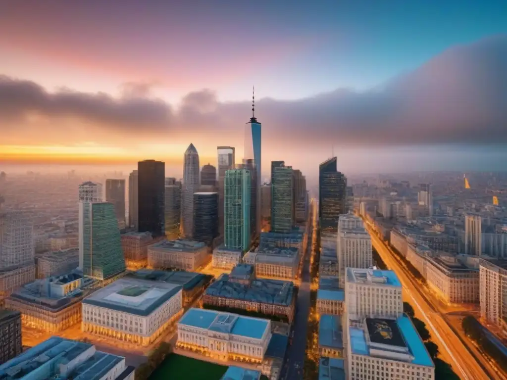 Horizonte urbano: fusión de modernidad y tradición bajo un atardecer dorado Una vista aérea impresionante de una ciudad bulliciosa, fusionando rascacielos modernos con monumentos históricos bajo un atardecer dorado