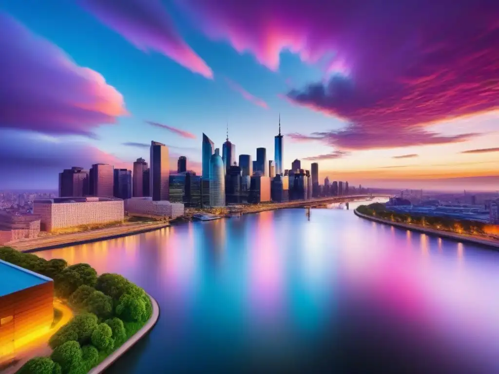 Horizonte urbano al atardecer: luces y modernidad Vista aérea impresionante de la ciudad al atardecer, con rascacielos modernos y un río vibrante
