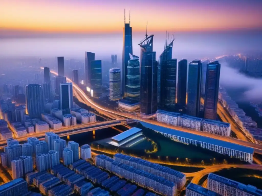Vista aérea impresionante de ciudad moderna al anochecer Vista aérea impresionante de ciudad al anochecer, con rascacielos iluminados y carreteras entrelazadas por cálidas luces de farolas