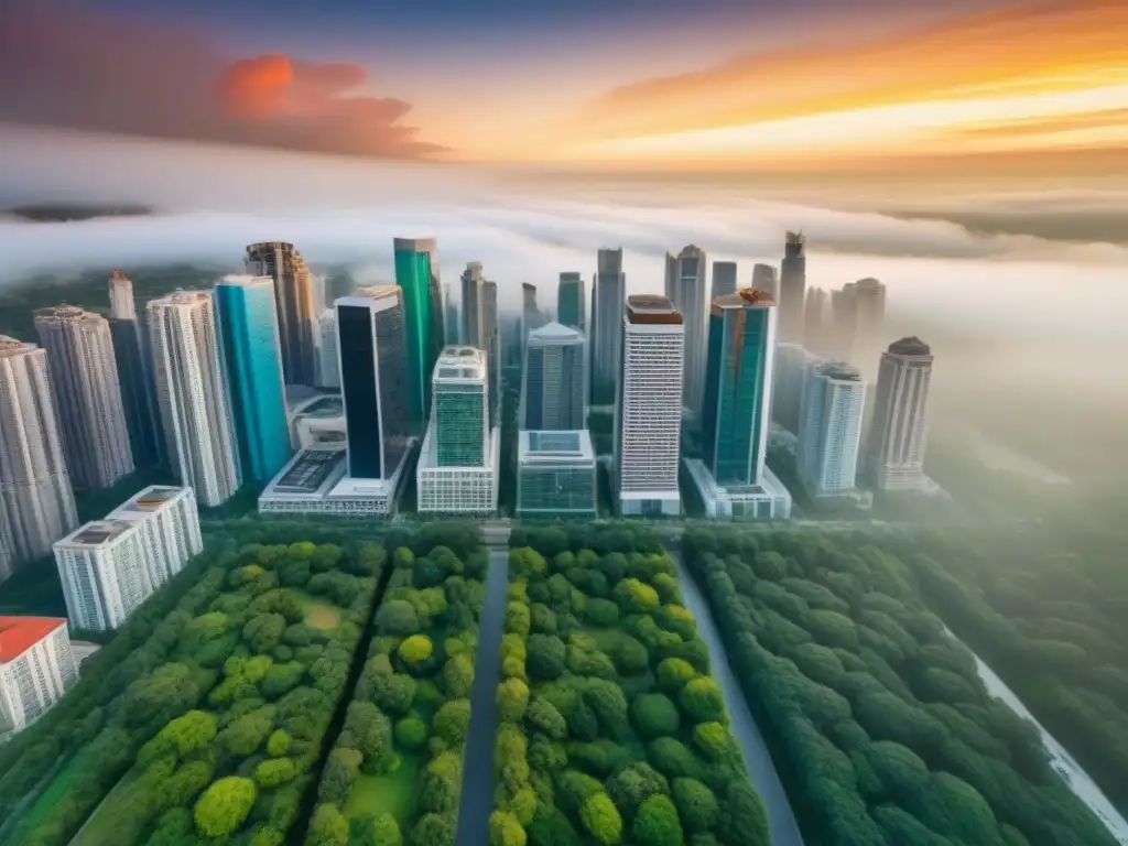 Simbiosis urbana: ciudad moderna y naturaleza fusionadas Vista aérea impresionante de ciudad con rascacielos modernos integrados con parques urbanos, simbolizando sinergia postfusión en bienes raíces
