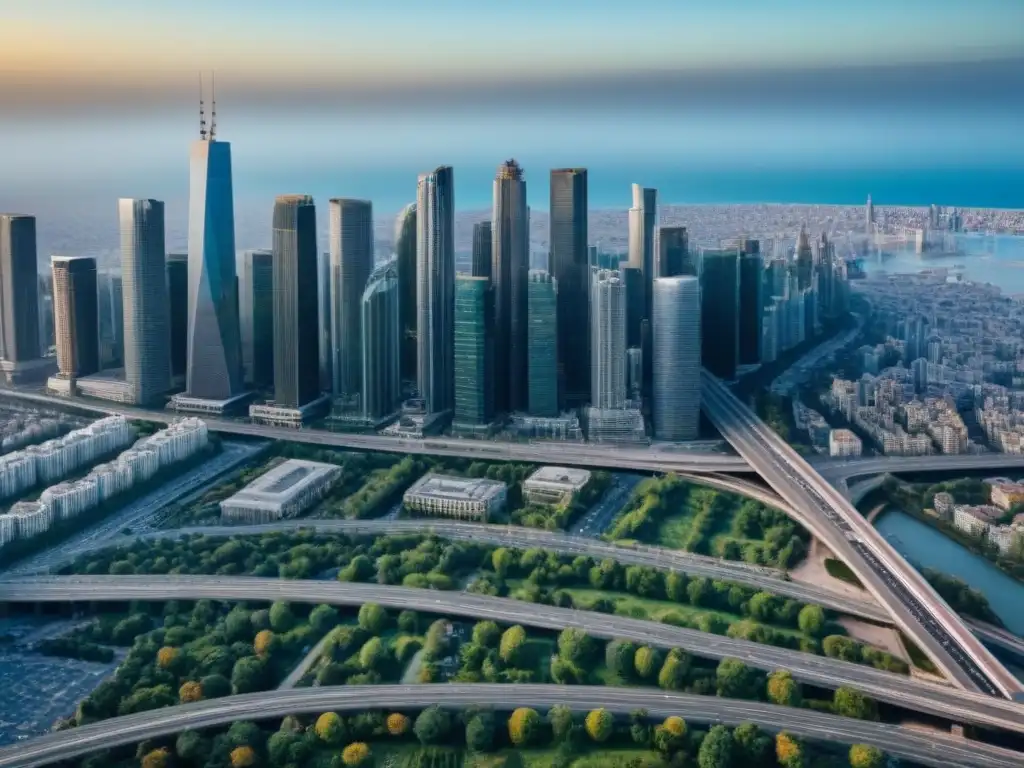Vibrante metrópolis global: arquitectura moderna y diversidad cultural Vista aérea impresionante de una ciudad rebosante de rascacielos, reflejando el mercado inmobiliario internacional y tendencias migratorias