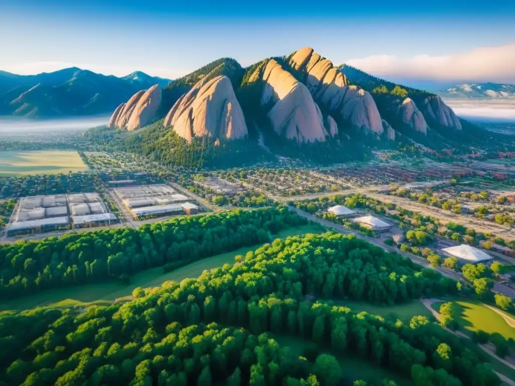 Boulder, Colorado: Ciudad moderna entre montañas Vista aérea impresionante de Boulder, Colorado: mezcla de arquitectura moderna, naturaleza exuberante y montañas imponentes