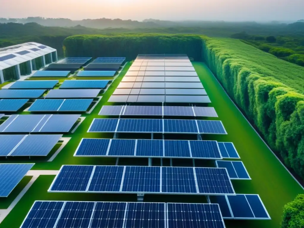Complejo eco-sostenible: arquitectura verde del futuro Vista aérea impresionante de complejo de edificios sostenibles con paneles solares y vegetación integrada