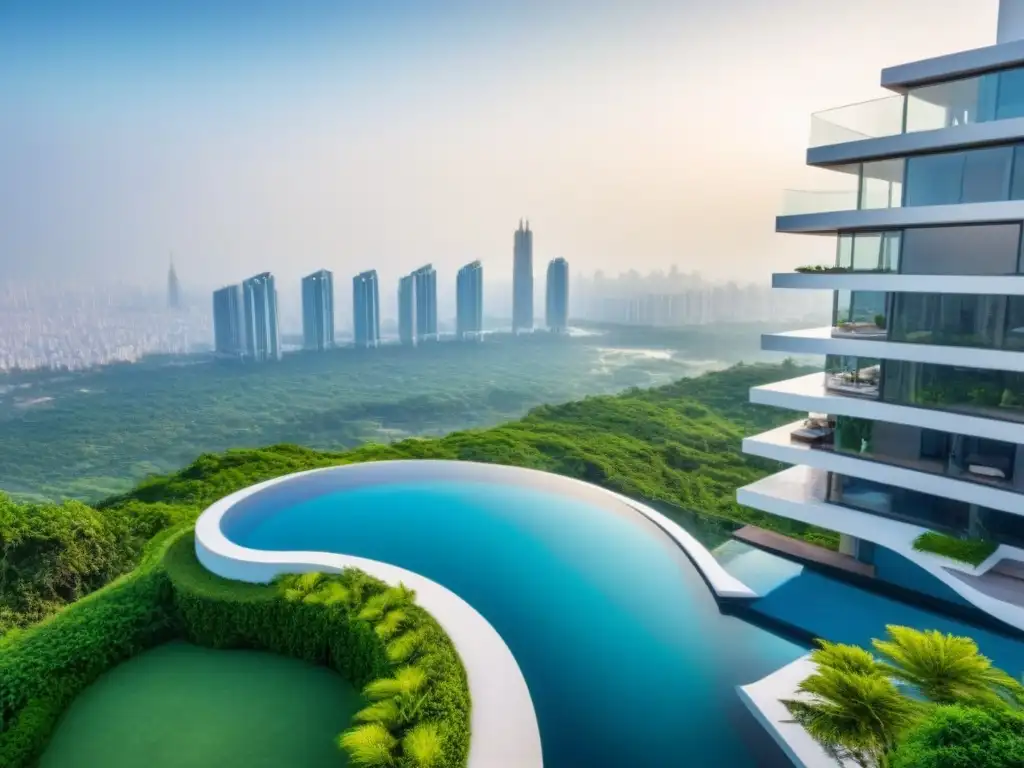 Complejo residencial de lujo futurista en mercado emergente Vista aérea impresionante de un complejo residencial de lujo futurista en mercados inmobiliarios emergentes, con arquitectura moderna y opulenta