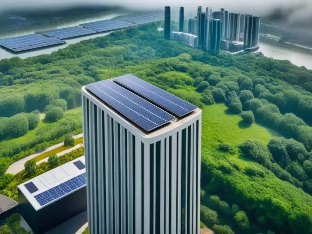 Eco-rascacielos futuristas en ciudad Norteamérica Vista aérea impresionante de complejo ecoamigable en ciudad norteamericana