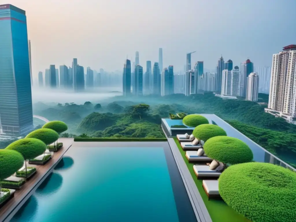 Residencial de lujo en ciudad asiática: arquitectura moderna y jardines tropicales Vista aérea impresionante de complejo de lujo en ciudad asiática con diseño moderno y jardines en la azotea, destacando una piscina infinita