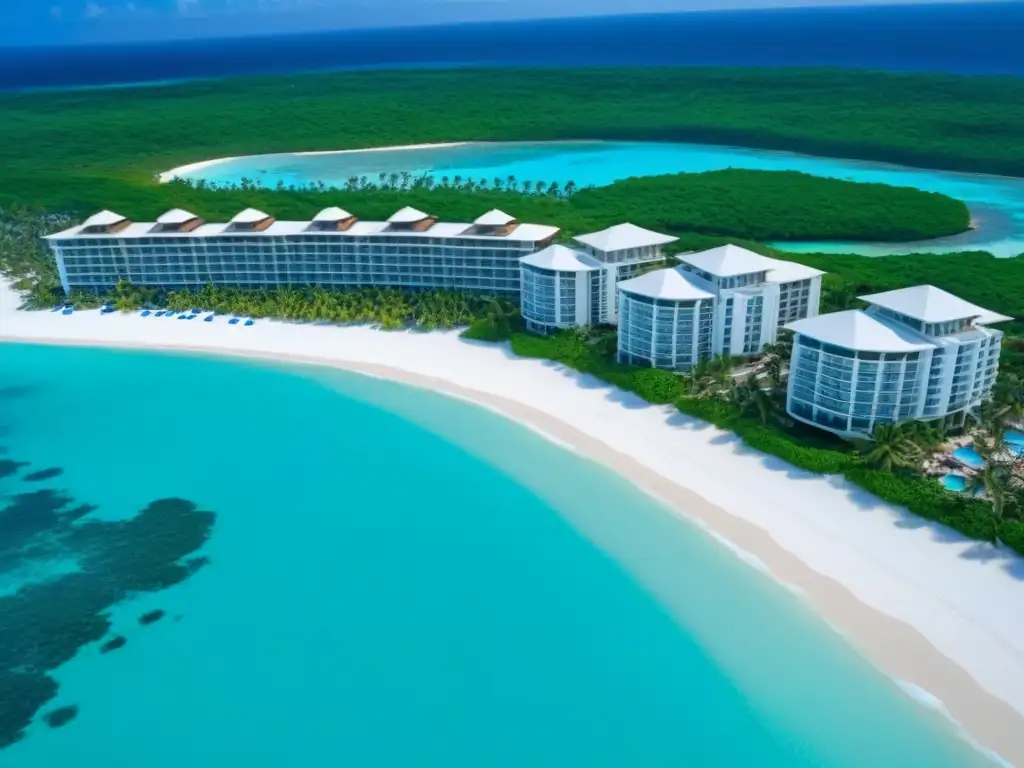 Paraíso tropical: resort de lujo frente al mar Vista aérea impresionante de complejo de playa de lujo con aguas turquesas, arena blanca y palmeras