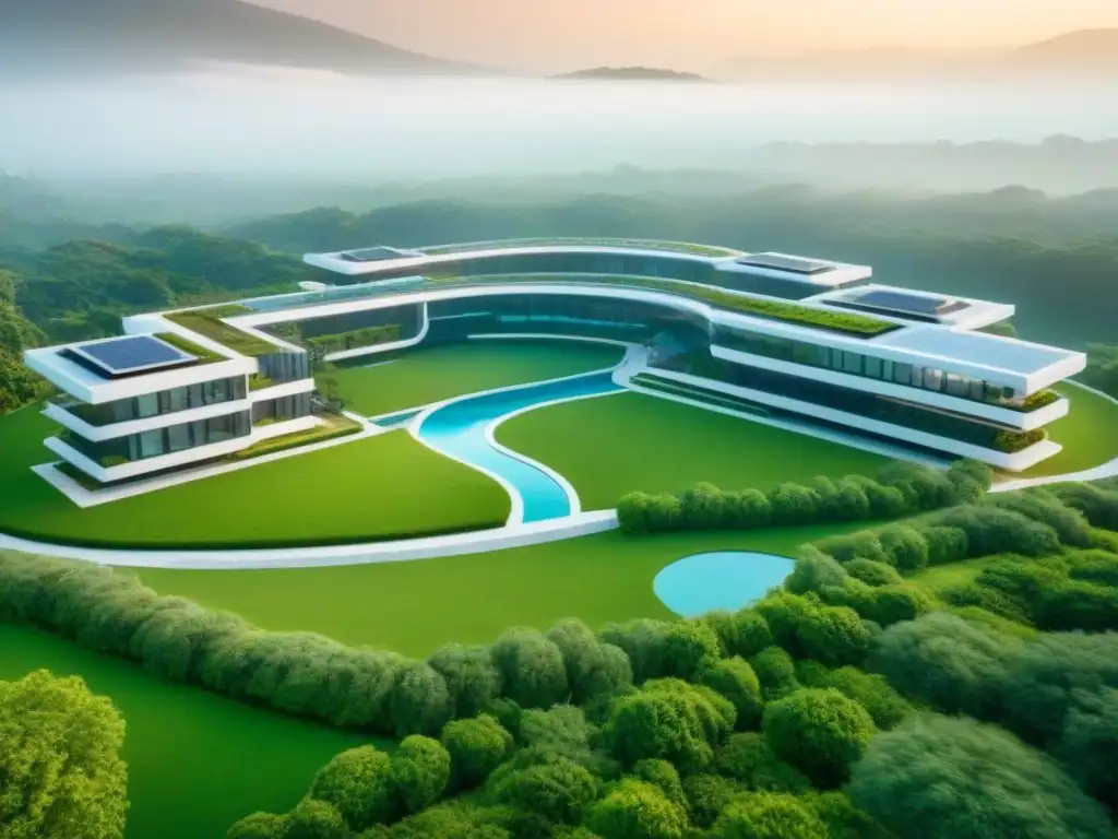 Complejo residencial moderno con diseño innovador y naturaleza Vista aérea impresionante de un complejo residencial moderno con diseño innovador y adaptabilidad del diseño residencial internacional
