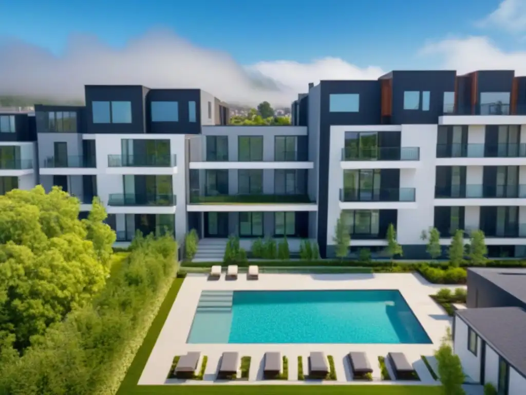 Complejo residencial de lujo con piscina y diseño moderno Una vista aérea impresionante de un complejo de apartamentos moderno con piscina, jardines exuberantes y diseño contemporáneo