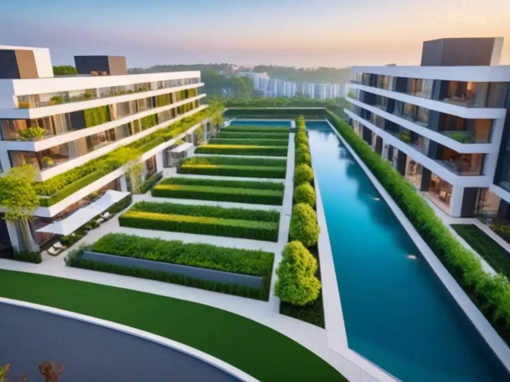 Residencial moderno con diseño innovador y comunidad vibrante al atardecer Una vista aérea impresionante de un complejo residencial moderno y multizona con diseño arquitectónico elegante y vegetación exuberante