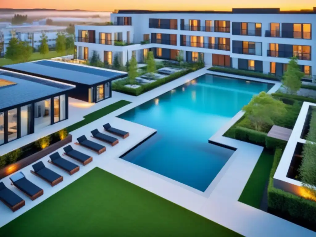 Complejo residencial de lujo: arquitectura moderna y exuberante paisajismo Vista aérea impresionante de complejo residencial multifamiliar con arquitectura moderna y áreas comunes