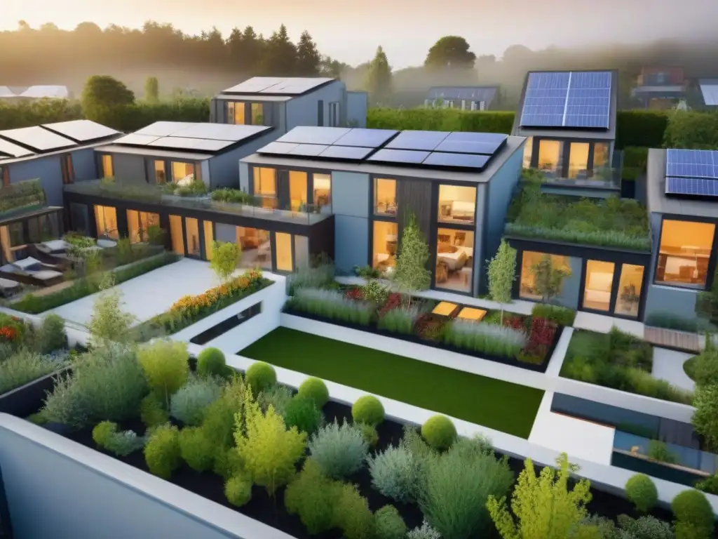 Cohousing ecoamigable: comunidad vibrante y sostenible Una vista aérea impresionante de un complejo de cohousing moderno con espacios verdes, residentes diversos y actividades comunitarias, representando las tendencias cohousing mercado inmobiliario