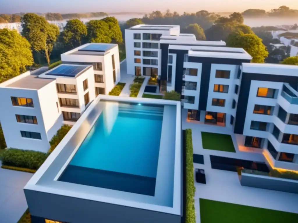 Complejo de apartamentos futurista con automatización avanzada Vista aérea impresionante de complejo de apartamentos moderno con automatización en gestión de propiedades de alquiler
