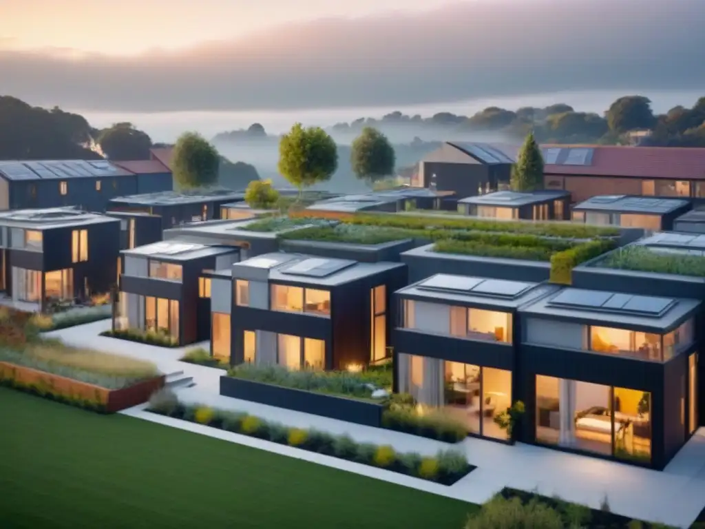 Cohousing innovador: comunidad sostenible y moderna Vista aérea impresionante de comunidad de cohousing innovadora con espacios comunales y residentes promoviendo la sostenibilidad