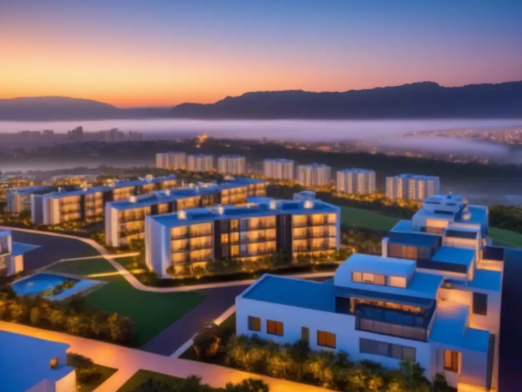 Condominio de lujo al anochecer: diseño arquitectónico y vista panorámica 'Vista aérea impresionante de un condominio moderno al anochecer, con luces de la ciudad de fondo