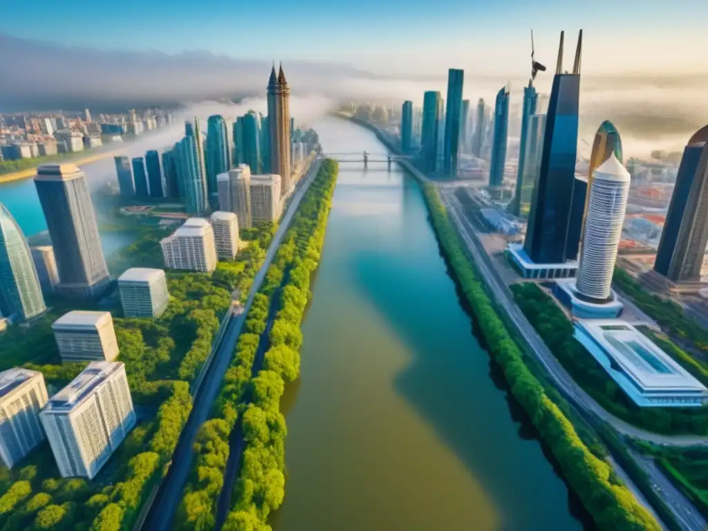 Evolución urbana: ciudad vibrante entre rascacielos y edificios históricos Vista aérea impresionante de la evolución del desarrollo inmobiliario internacional entre generaciones en una ciudad vibrante