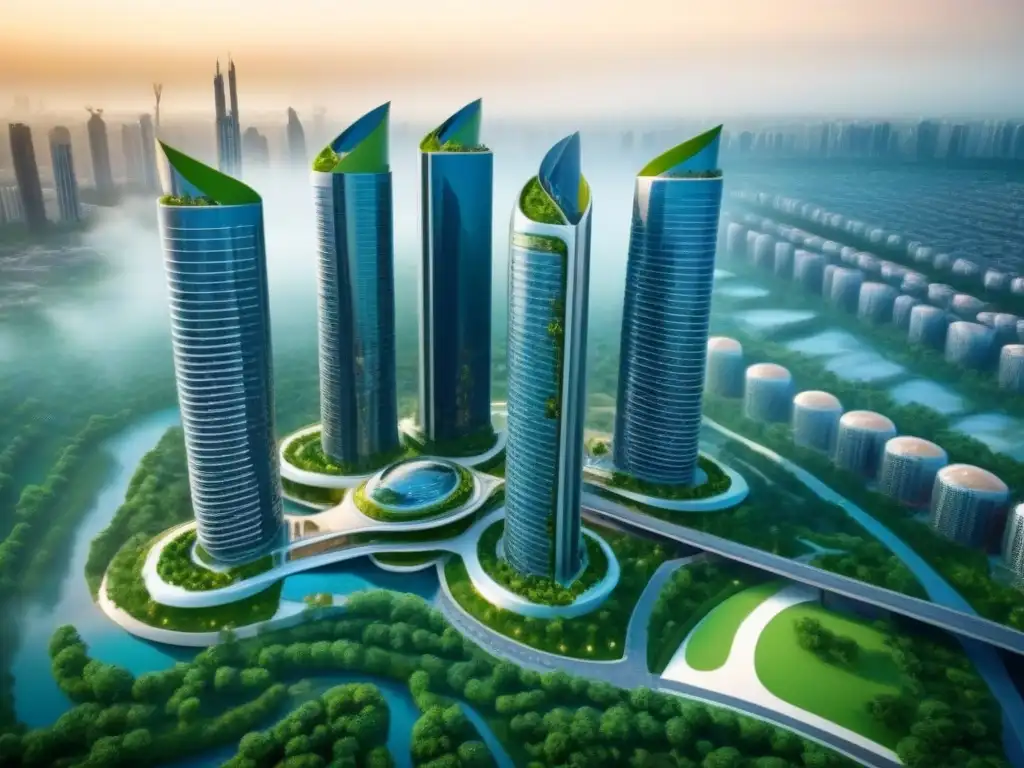 Desarrollo inmobiliario futurista: innovación y progreso global Vista aérea impresionante de un desarrollo inmobiliario integrado futurista, simbolizando progreso e innovación para inversores globales