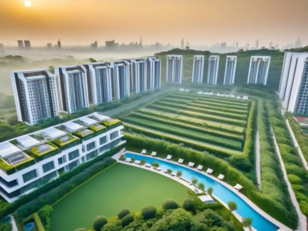 Desarrollo residencial de vanguardia: integración de lujo y naturaleza Vista aérea impresionante de desarrollo residencial integrado con modernos rascacielos y espacios verdes, ideal para inversiones inmobiliarias internacionales integradas