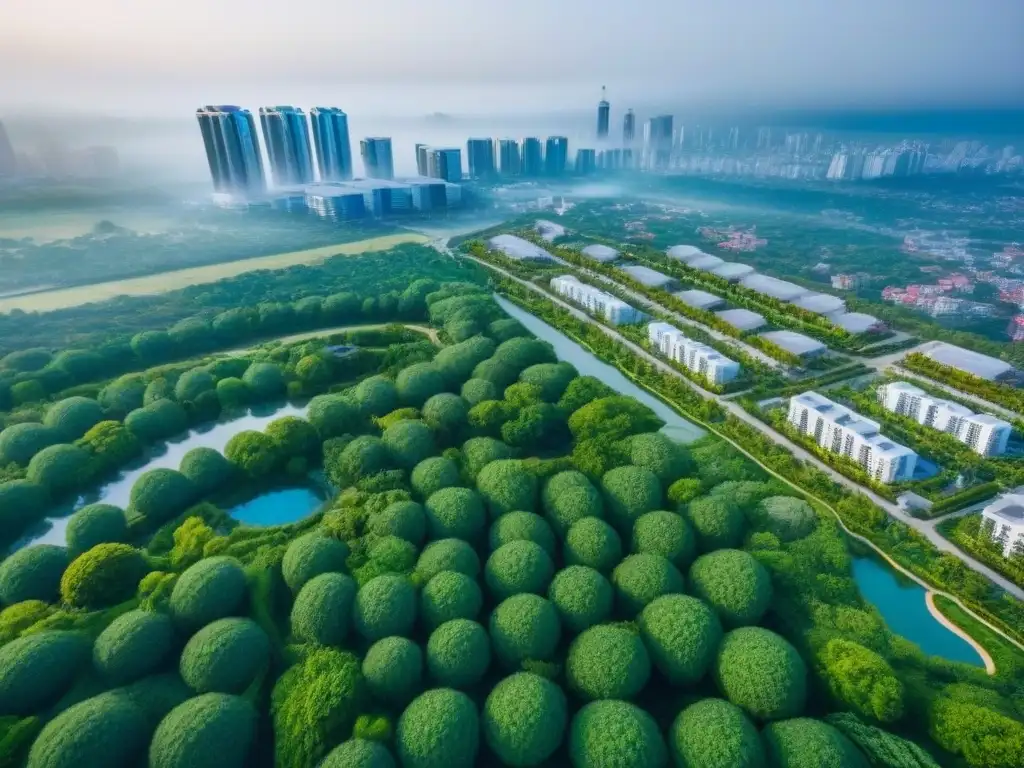 Complejo urbano integrado: arquitectura moderna y vida dinámica Vista aérea impresionante de un desarrollo inmobiliario integrado rentable con edificios modernos, áreas verdes y diversidad de espacios