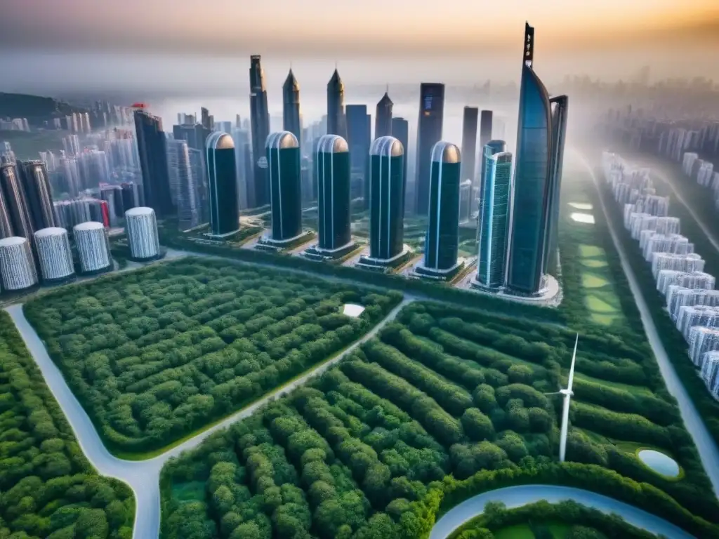Metrópolis futurista: rascacielos y naturaleza en equilibrio Vista aérea impresionante de un desarrollo inmobiliario internacional vanguardista, con rascacielos, áreas verdes y ambiente urbano activo