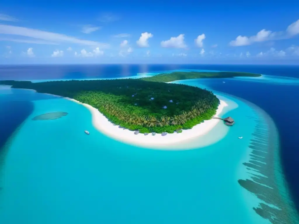 Paraíso exclusivo: resort de lujo en isla privada Vista aérea impresionante de un desarrollo resort de lujo en una isla privada, con playas blancas, aguas turquesas y bungalows sobre el agua