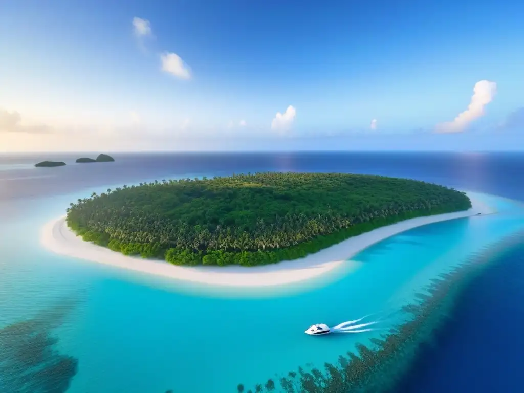 Paraíso exclusivo: Resort de lujo en isla privada Vista aérea impresionante de un desarrollo resort de lujo en una isla privada paradisíaca