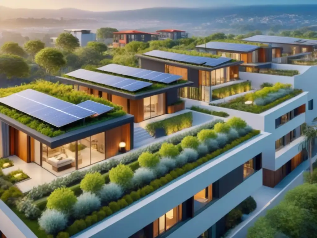 Desarrollo inmobiliario sostenible: comunidad ecoamigable Vista aérea impresionante de un desarrollo inmobiliario internacional sostenible, con residentes comprometidos en actividades ecoconscientes