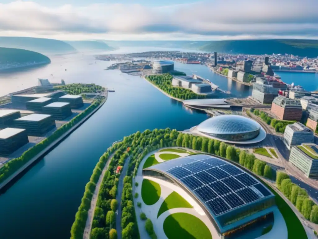 Desarrollo sostenible en Oslo: un paisaje urbano ecofriendly y vanguardista Vista aérea impresionante de Oslo con desarrollo urbano sostenible, edificios ecoamigables y espacios verdes