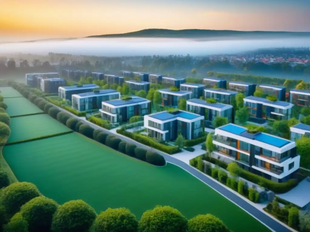 Desarrollo inmobiliario: fusión arquitectónica y sinergia post-merger Vista aérea impresionante de desarrollo inmobiliario fusionado con arquitectura moderna, espacios verdes y amenidades