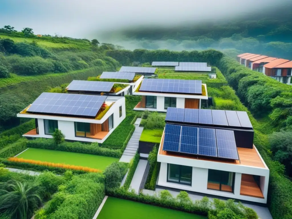 Desarrollo ecoamigable: arquitectura moderna en armonía con la naturaleza Vista aérea impresionante de desarrollo ecoamigable rodeado de vegetación, paneles solares y diseño contemporáneo