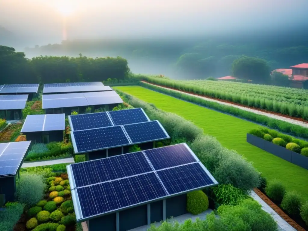 Desarrollo sostenible: armonía urbana con la naturaleza Vista aérea impresionante de un desarrollo urbano sostenible con techos verdes, paneles solares y jardines comunitarios