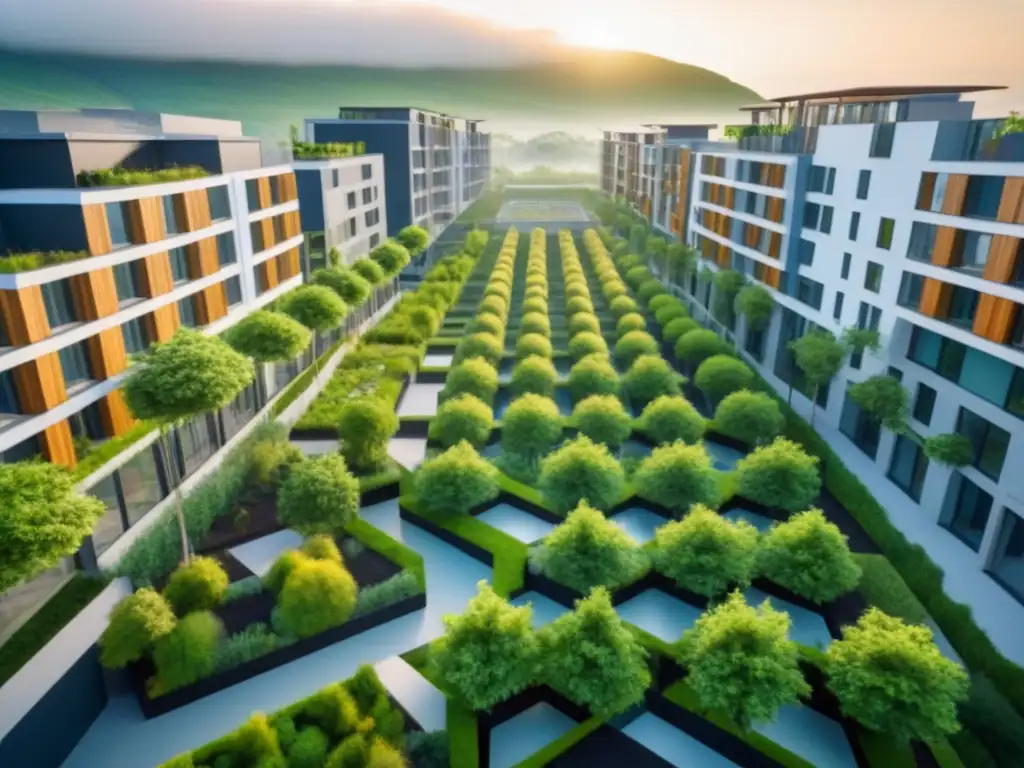 Desarrollo urbano sostenible: armonía entre naturaleza y modernidad Una vista aérea impresionante de un desarrollo urbano sostenible con edificios ecoamigables y recursos inversor inmobiliario sostenible
