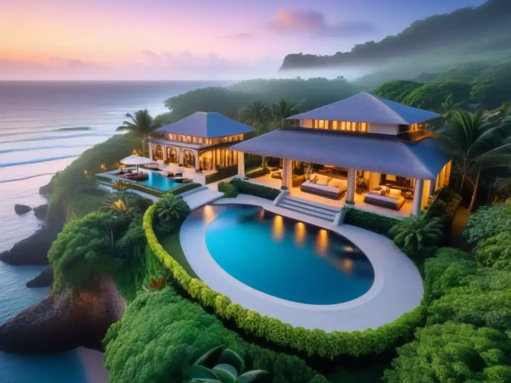 Villa de lujo en la costa al atardecer: paraísos vacacionales exclusivos Vista aérea impresionante de un desarrollo villa vacacional costa internacional al atardecer