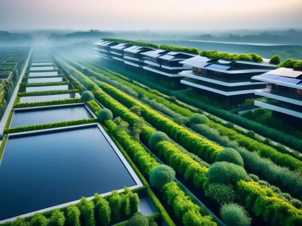 Desarrollo inmobiliario integrado: arquitectura futurista en armonía con la naturaleza Vista aérea impresionante de desarrollos inmobiliarios integrados inversión con edificios altos y jardines en azoteas