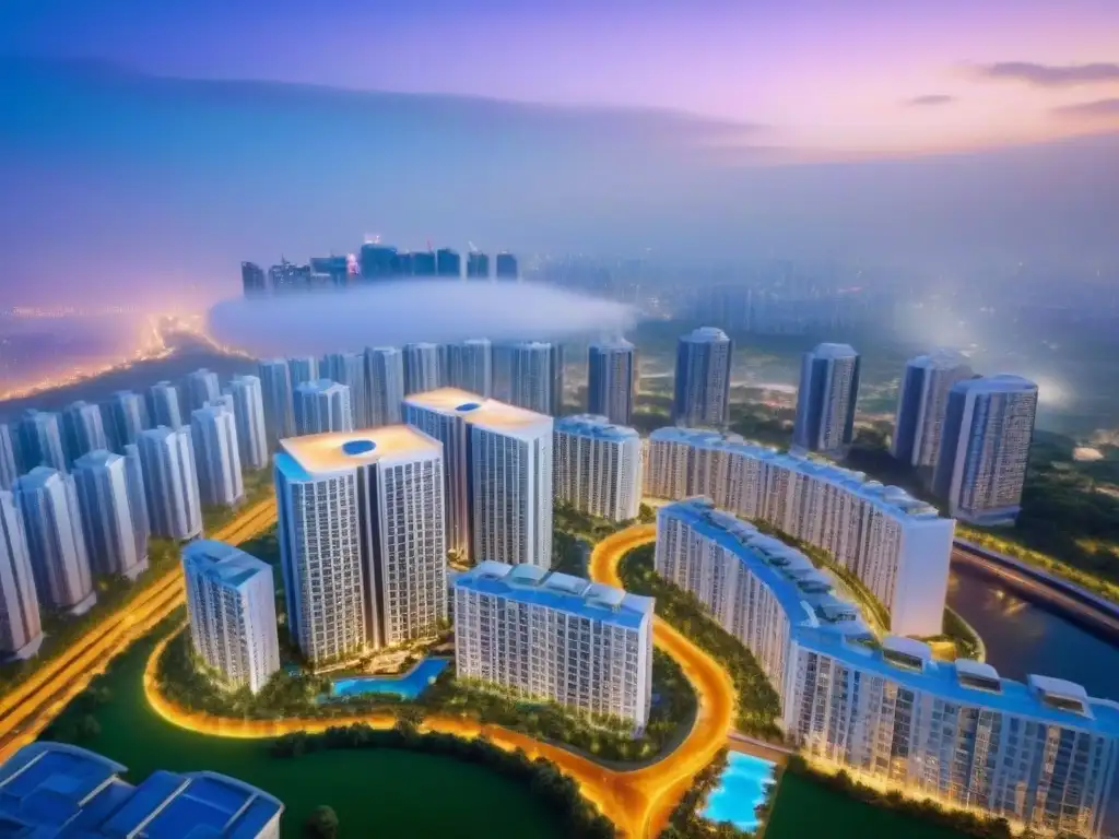 Innovación arquitectónica y vida comunitaria vibrante en desarrollo inmobiliario integrado Vista aérea impresionante de desarrollos inmobiliarios integrados inversión global con arquitectura moderna y vida comunitaria vibrante