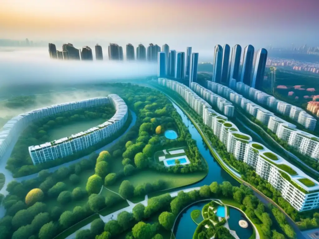 Desarrollo inmobiliario integrado: innovación urbana y naturaleza Vista aérea impresionante de desarrollos inmobiliarios integrados para inversionistas globales
