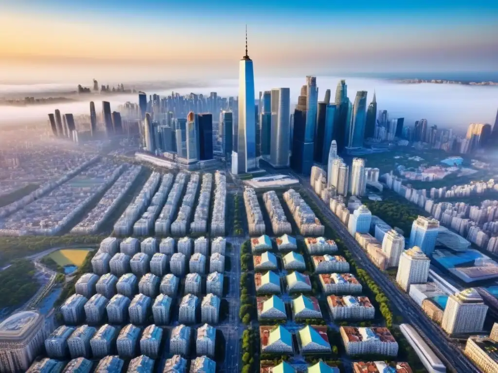 Metrópolis vibrante: arquitectura moderna y turismo en auge Vista aérea impresionante de Desarrollos inmobiliarios áreas metropolitanas con rascacielos, hoteles de lujo y atracciones turísticas