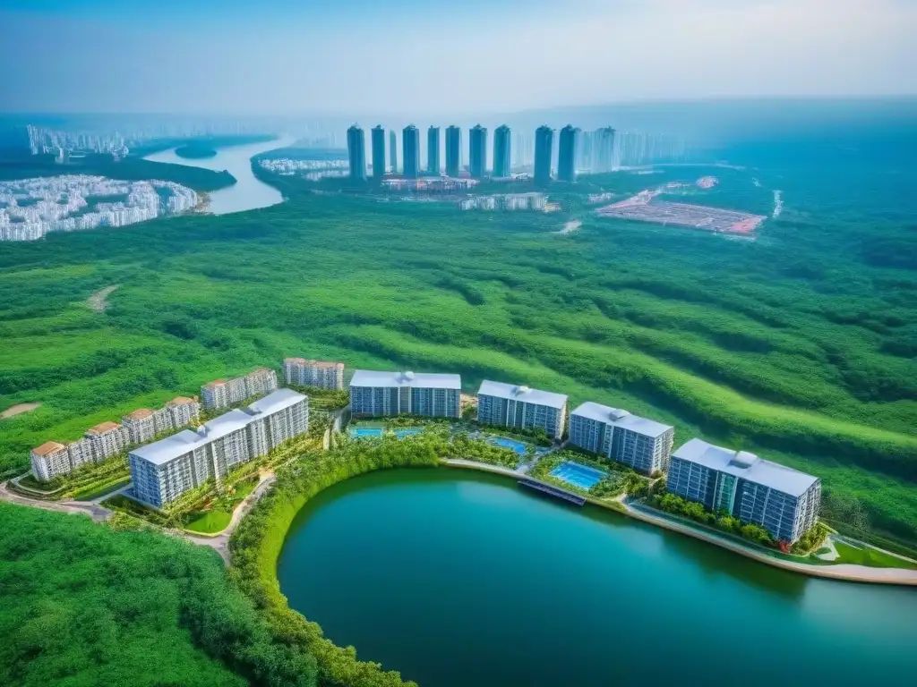 Desarrollo inmobiliario integrado: modernidad y naturaleza en armonía Vista aérea impresionante de desarrollos inmobiliarios integrados transformación: edificios modernos, espacios verdes y amenidades vibrantes