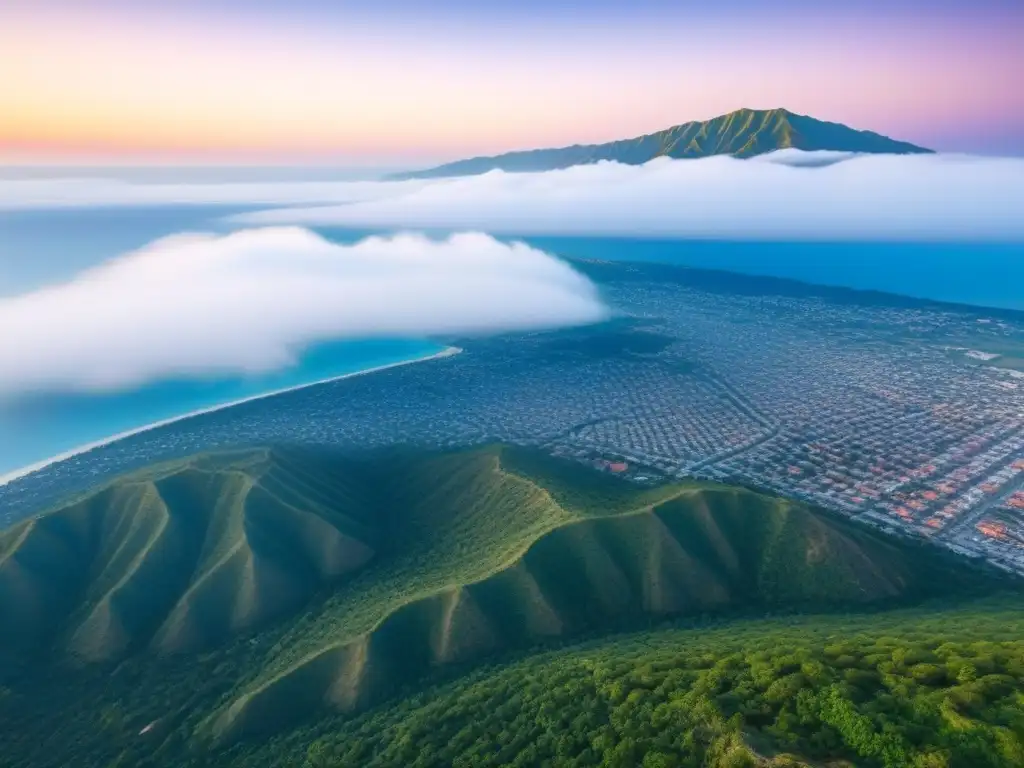 Esplendor urbano y natural en Dili, Timor-Leste Vista aérea impresionante de Dili, capital de Timor Oriental, mezclando lo tradicional con lo moderno, rodeada de exuberante vegetación y agua cristalina, bajo un cielo azul claro