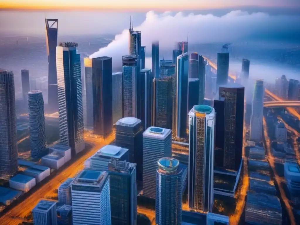 Distrito empresarial internacional en acción: luces, calles y negocios Vista aérea impresionante de distrito de negocios internacional, con rascacielos modernos y calles llenas de profesionales
